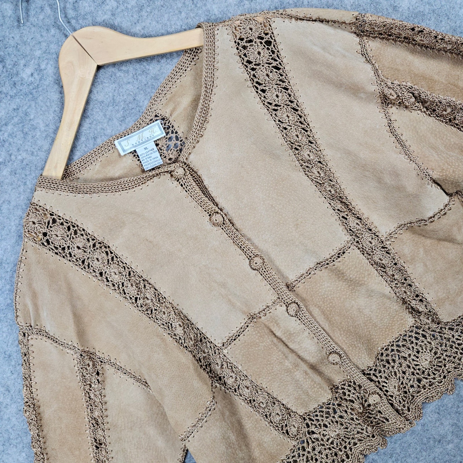 Smh Boutique Women's Tan Suede Leather Crochet Patchwork Cardigan Jacket Size Xl